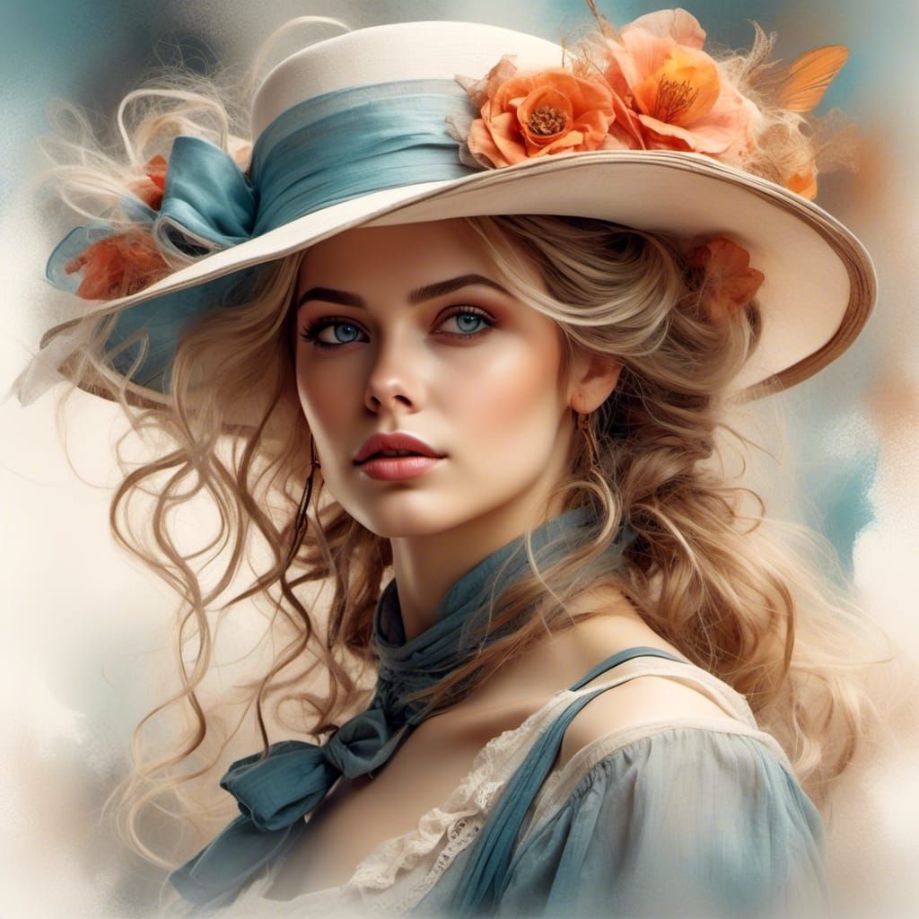 Dreamy Watercolor Portrait of Woman in White Hat