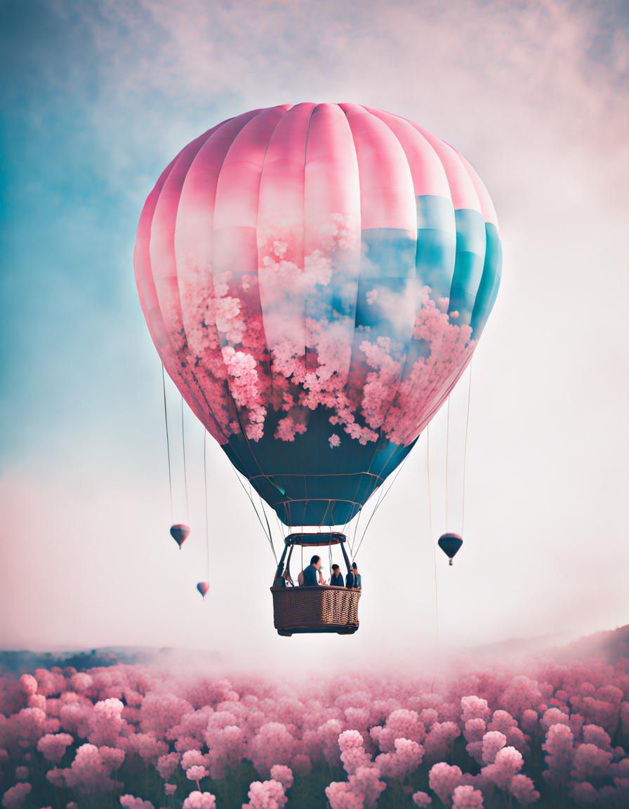 Double Exposure: Pink and Blue Flowers on Hot Air Balloon
