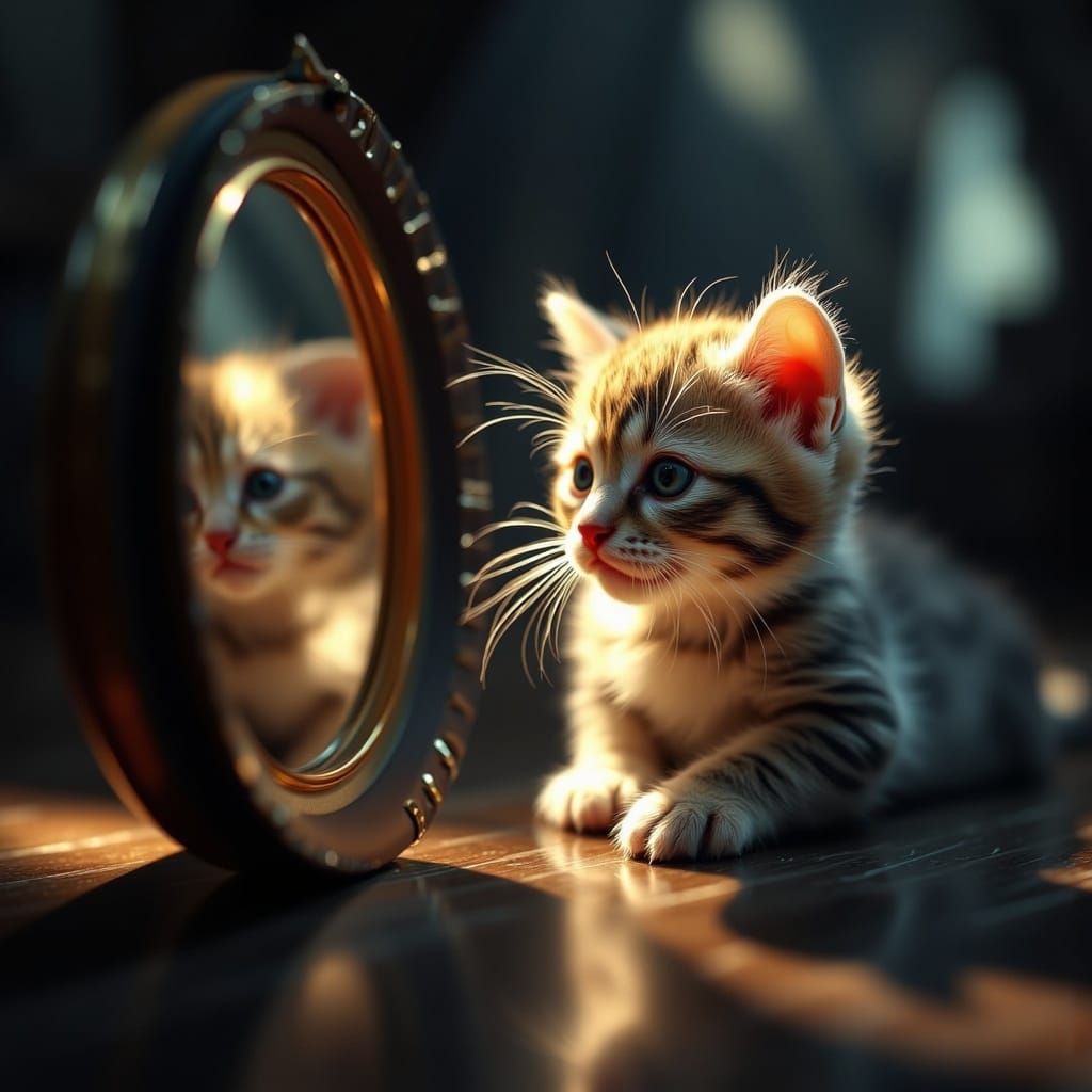 Kitten's Horrific Reflection: Hyperrealistic Mirror Image