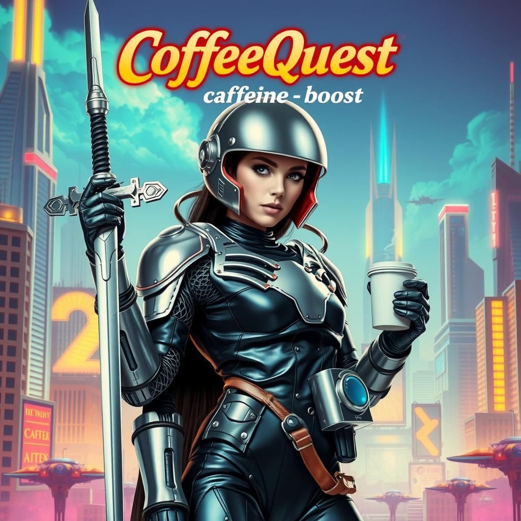 Cyborg Knight with Coffee in Retro-Futuristic City