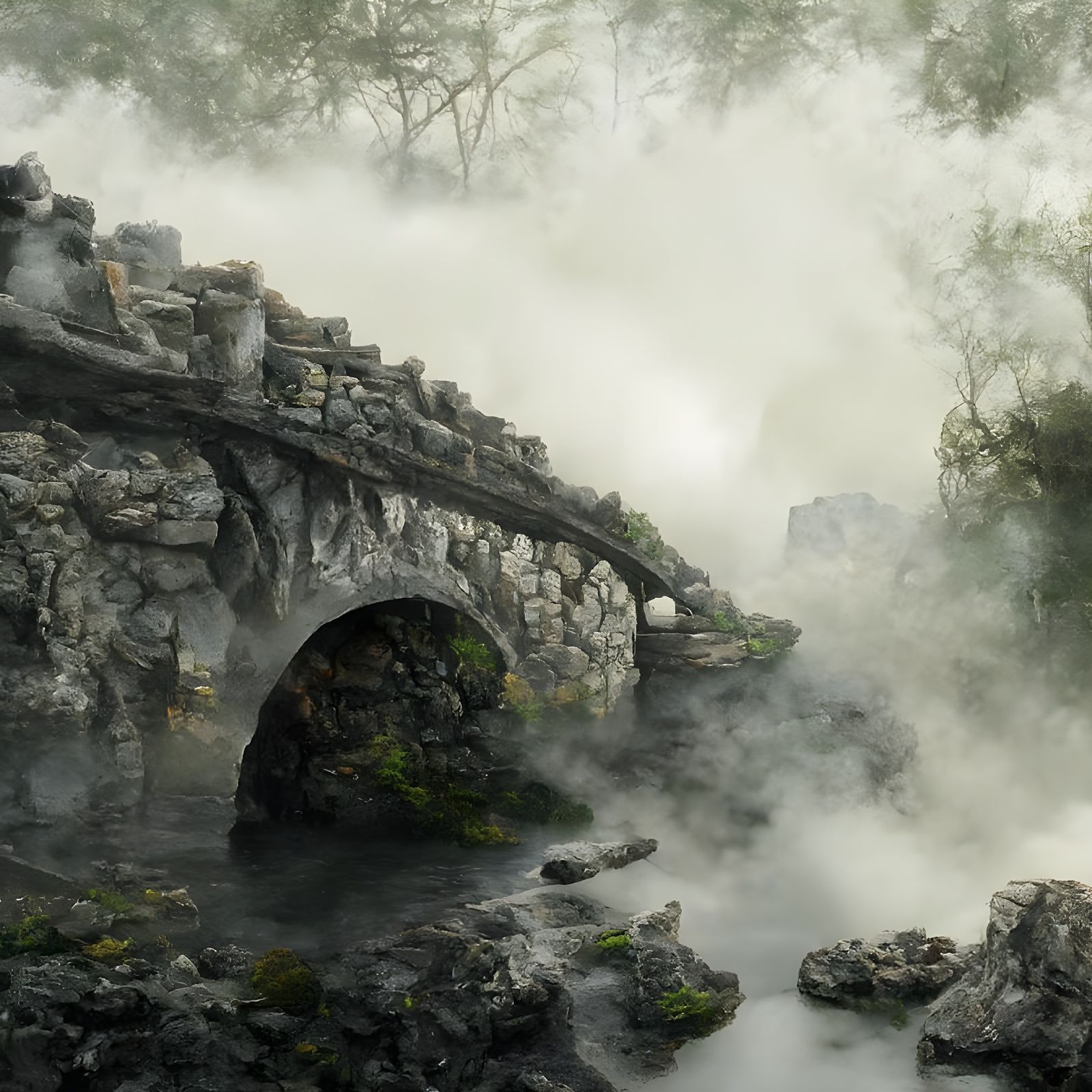 Epic Stone Bridge in Fog, Hyperrealistic Photography