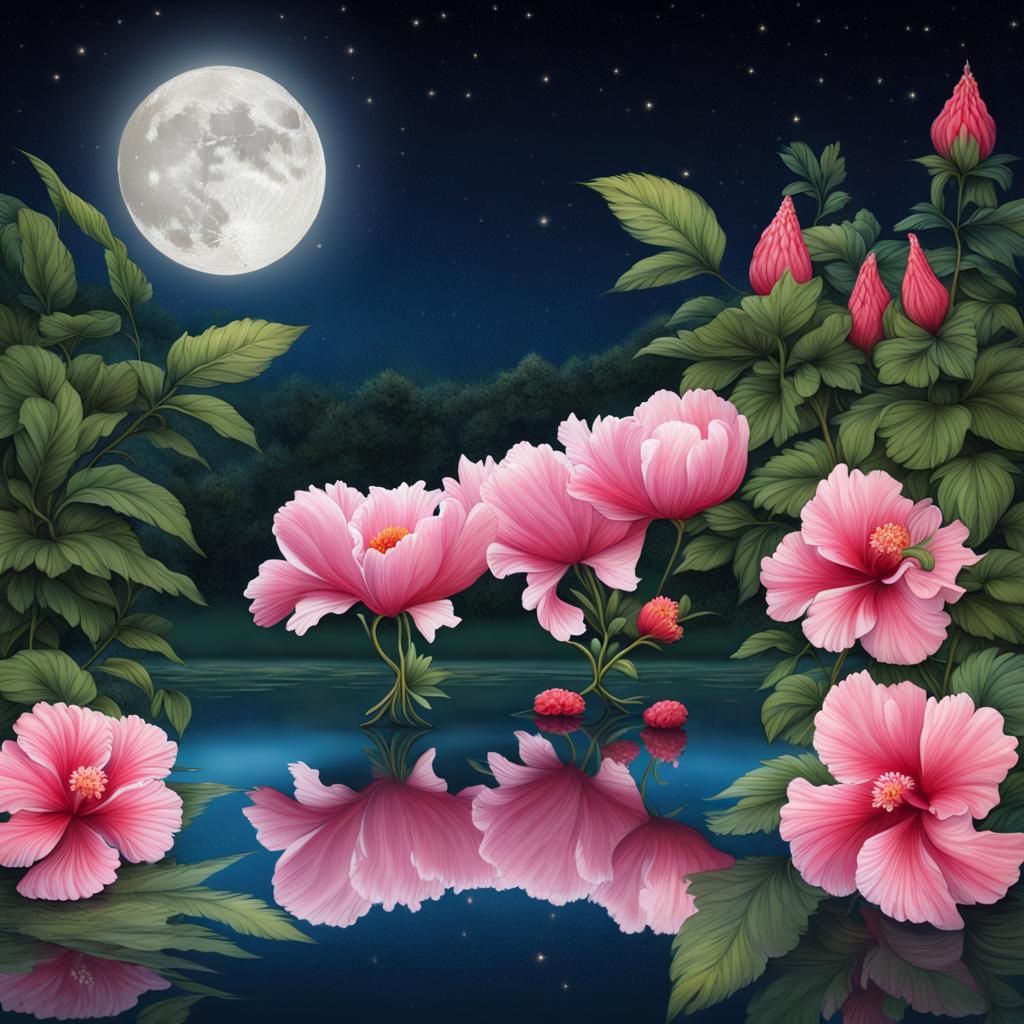 Moonlit Jungle Pond with Hibiscus and Peonies