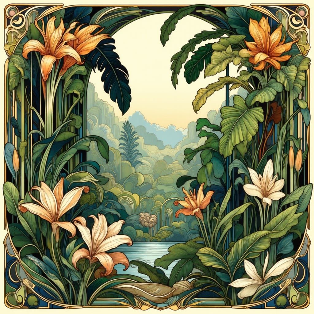 Art Nouveau Tropical Forest with Lush Greenery