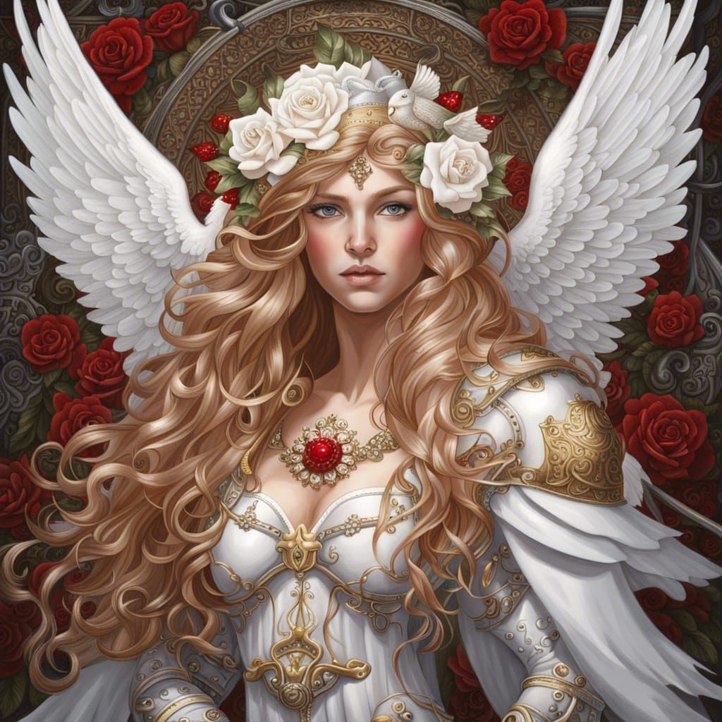 Archangel Princess in White Armor with Roses