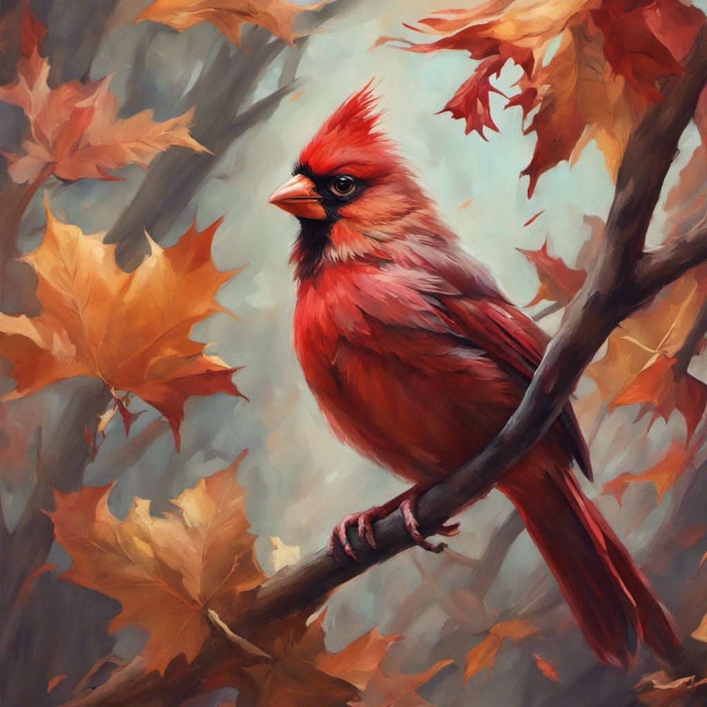 Baby Cardinal in Autumn, Realistic Portrait Art