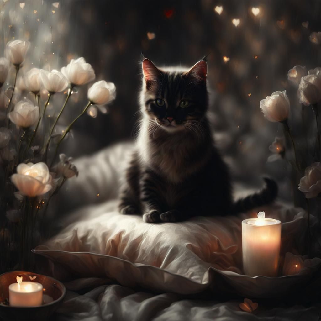Cat Portrait with Flowers in Hyperrealistic Style