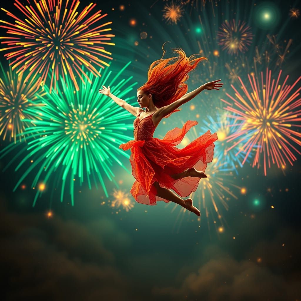Dancer Soars Amidst Swirling Fireworks in Vibrant Dreamscape...