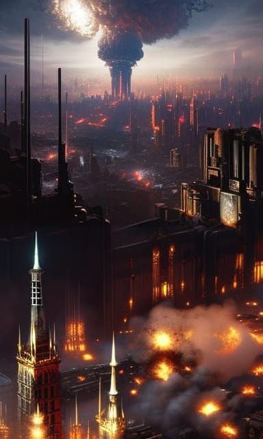 Cyberpunk Cathedral Under Nuclear Explosion, Hyperdetailed A...