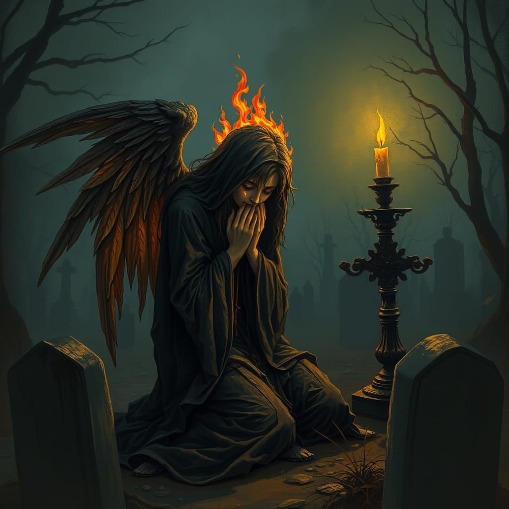 Flame Angel Grieving in Graveyard: Dark Fantasy