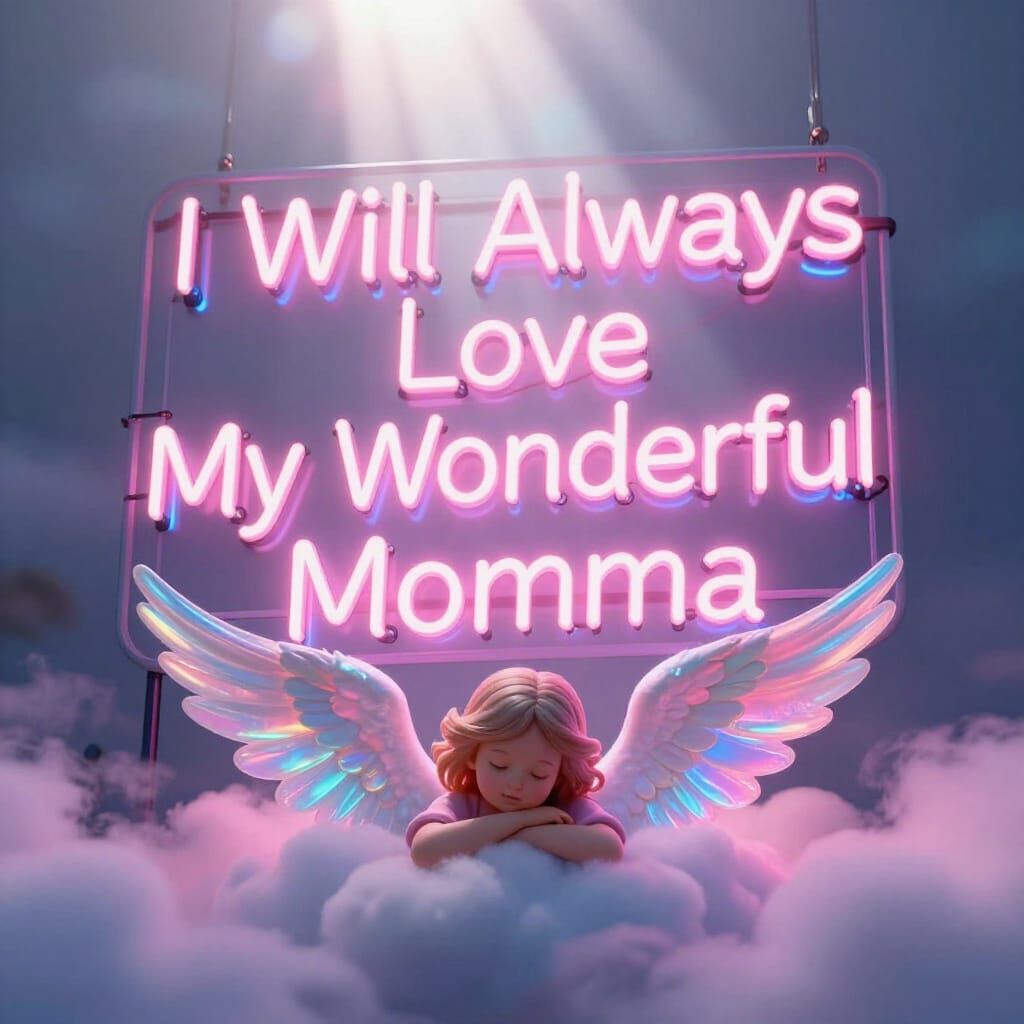 Neon Sign 'Love Momma' Above Angel on Cloud in Ethereal Glow