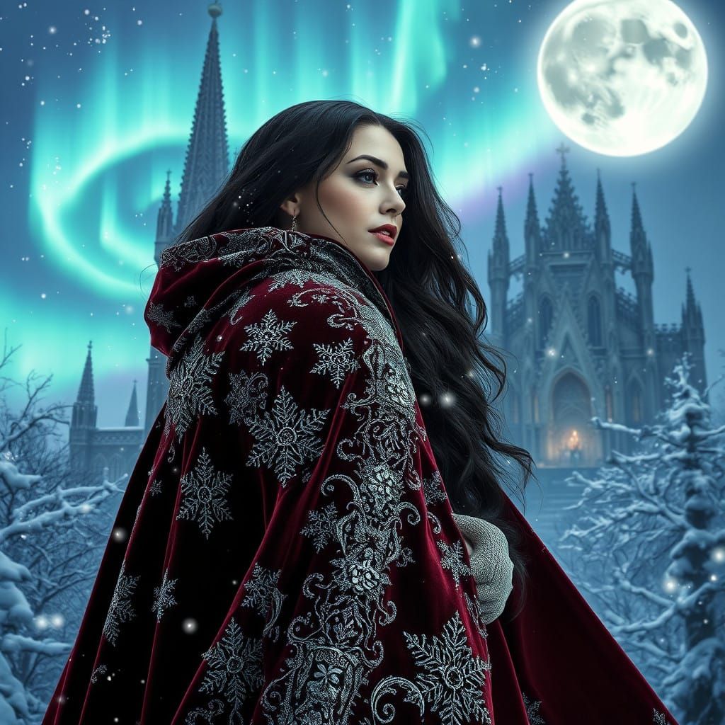 Ethereal Woman Amidst Winter Cathedral in Gothic Style