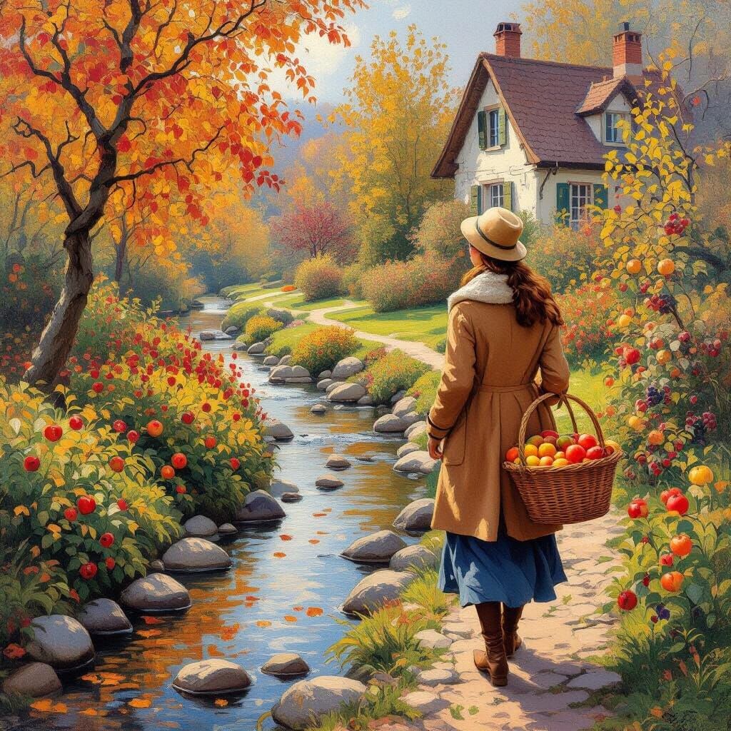 Autumn Lady with Fruit Basket, Impressionistic Forest