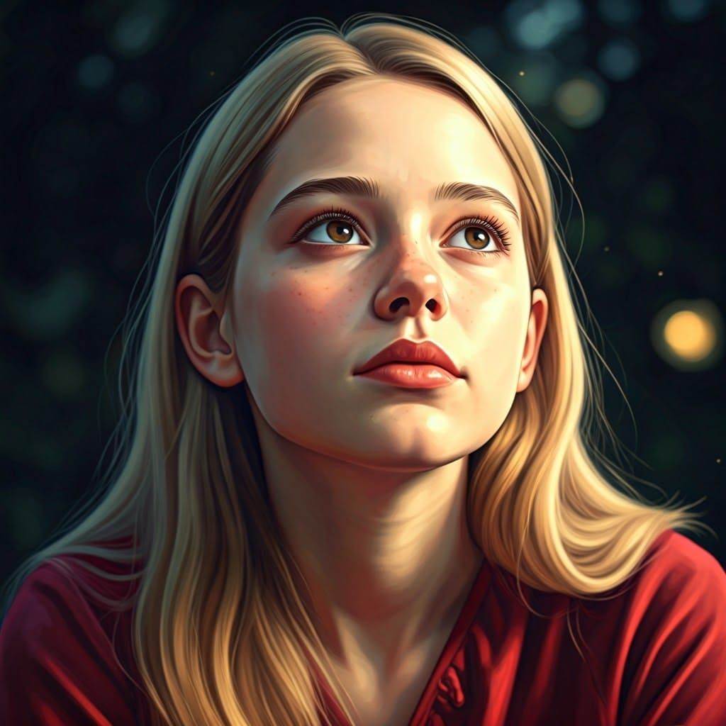 Radiant Teenager in Crimson Dress: Digital Oil Painting