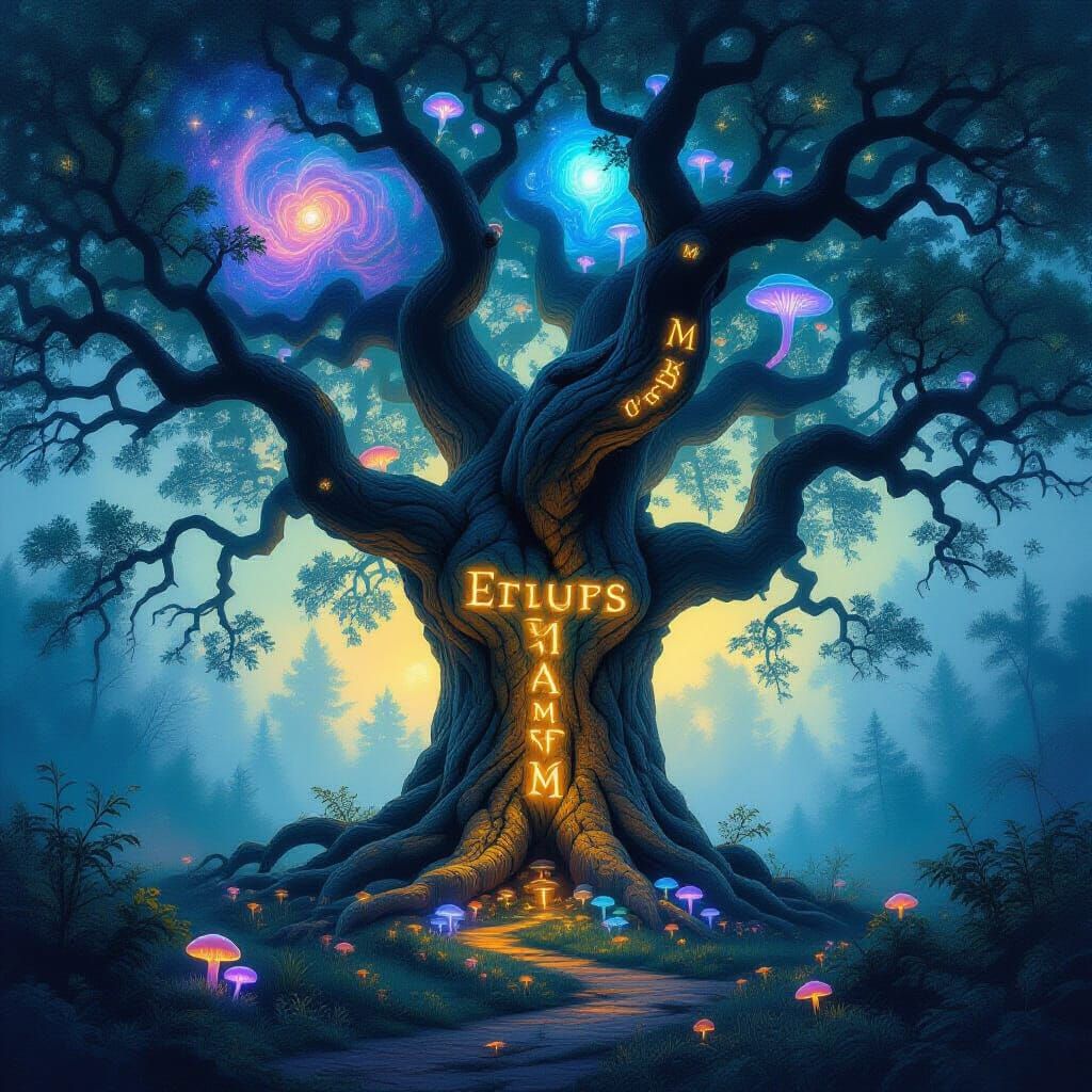 Ancient Oak Tree with Glowing Runes in Misty Forest