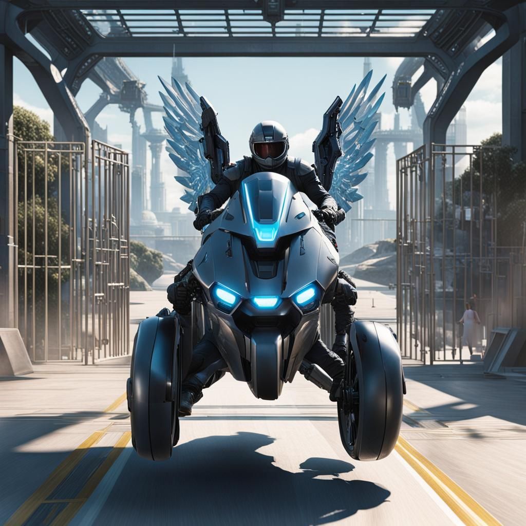 Futuristic Hover-Bike Approaches Security Gates