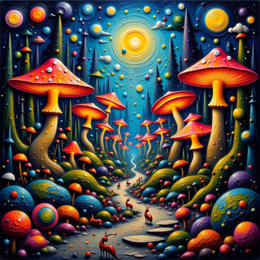 <lora:Palette Knife:1.0> <lora:Anthropomorphic:1.0> This image depicts a surreal scene of glowing mushrooms and ants in ...