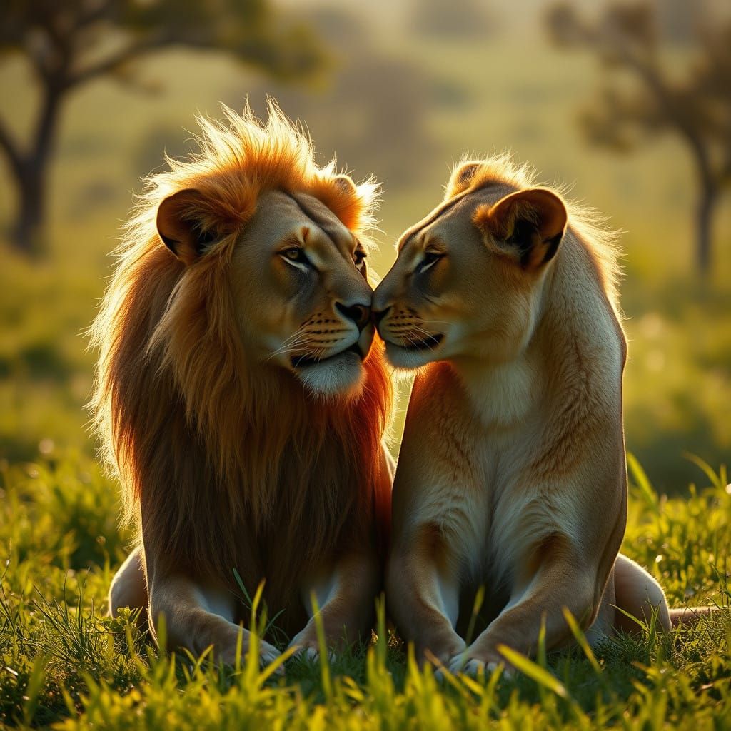 Tender Lioness and Lion Unite in Golden Savannah