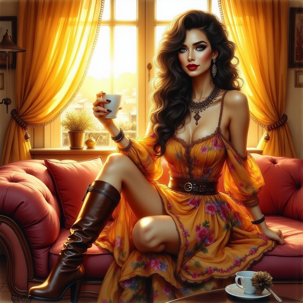 Woman in Boho Dress Enjoying Tea in Sunny Room