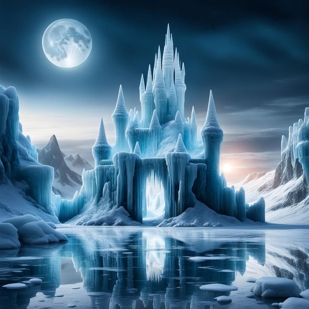 Arctic Ice Castle Shimmers Under Moonlight