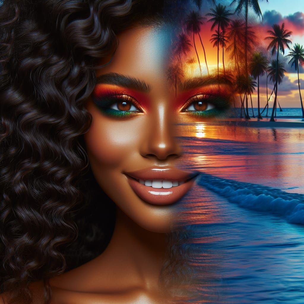 Surreal Portrait: Woman Merging with Beach Landscape