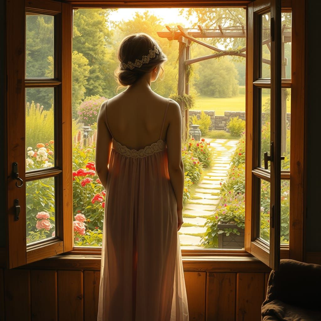 Romantic Cottage Garden Scene with Elegant Woman