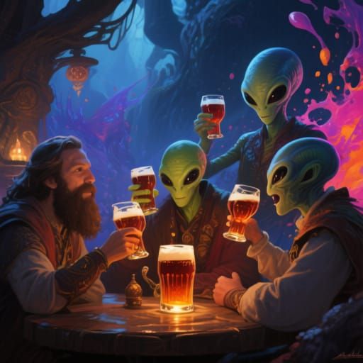 Humans and Aliens Share Drinks in Detailed Painting