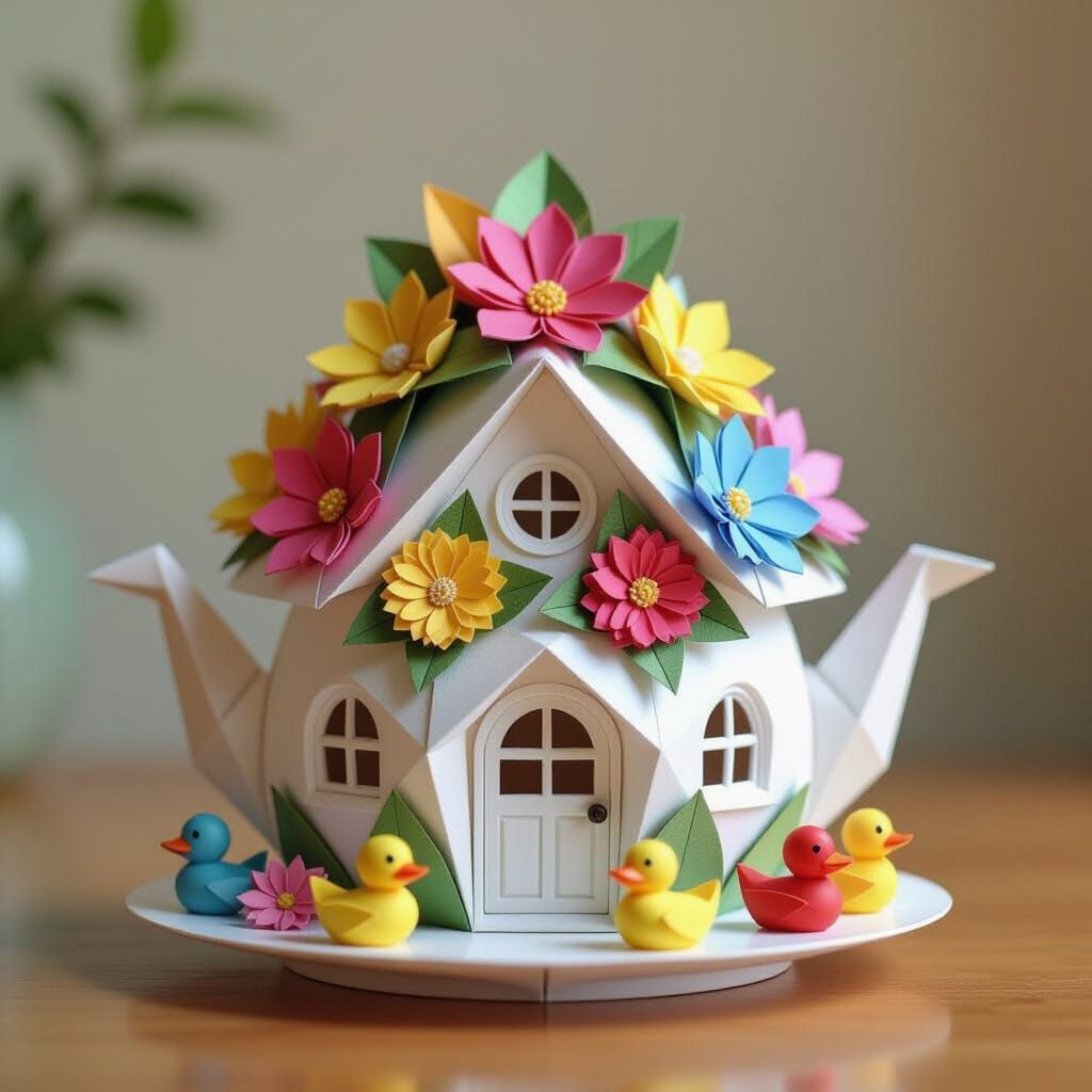 Origami Teapot House in Whimsical 3D Style