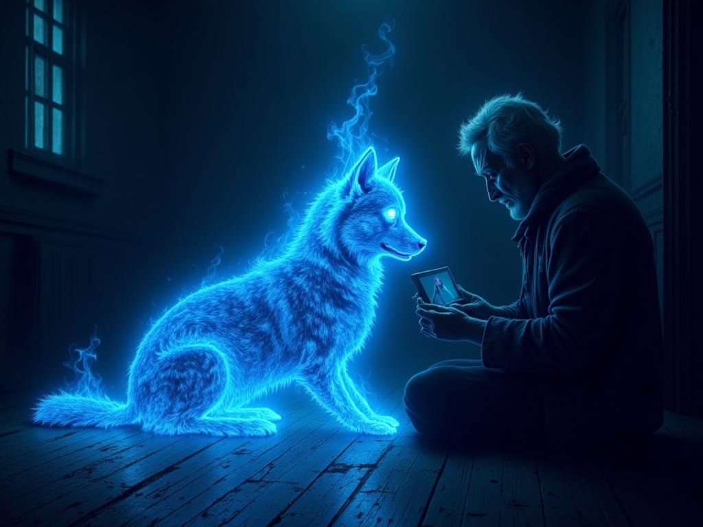 Husky of Blue Fire with Elderly Man and Puppy Photo