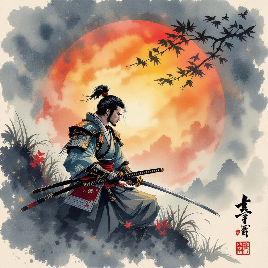 Samurai in Yamato-e Style: Divine Inspiration