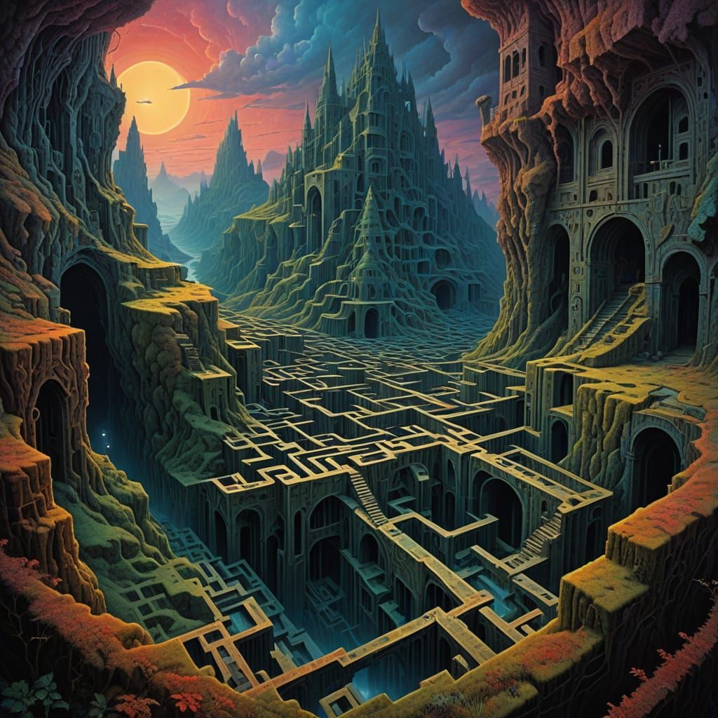 Surrealistic Puzzle Maze in Cyberpunk Aesthetic