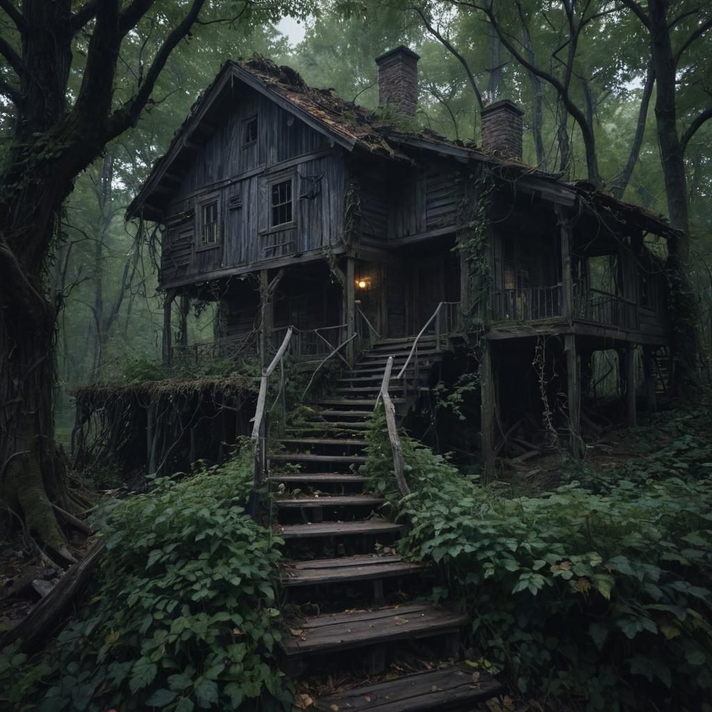 Creepy Abandoned Cabin in Woods: Dark Fantasy Art