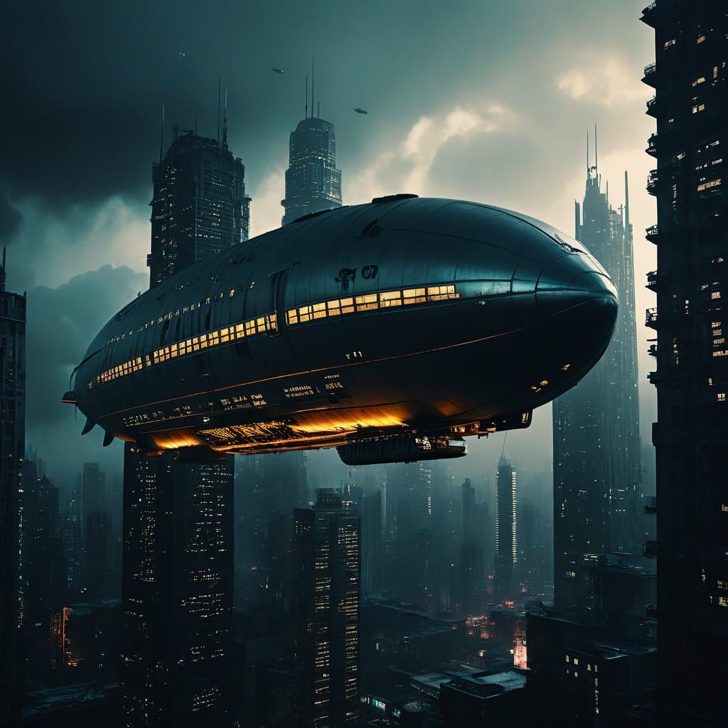 Cyberpunk Zeppelin in Neo-Noir Cityscape