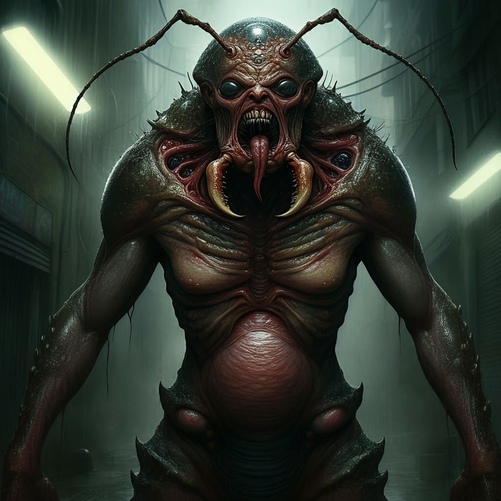 Grotesque Humanoid Insect Hybrid in Biomechanical Style