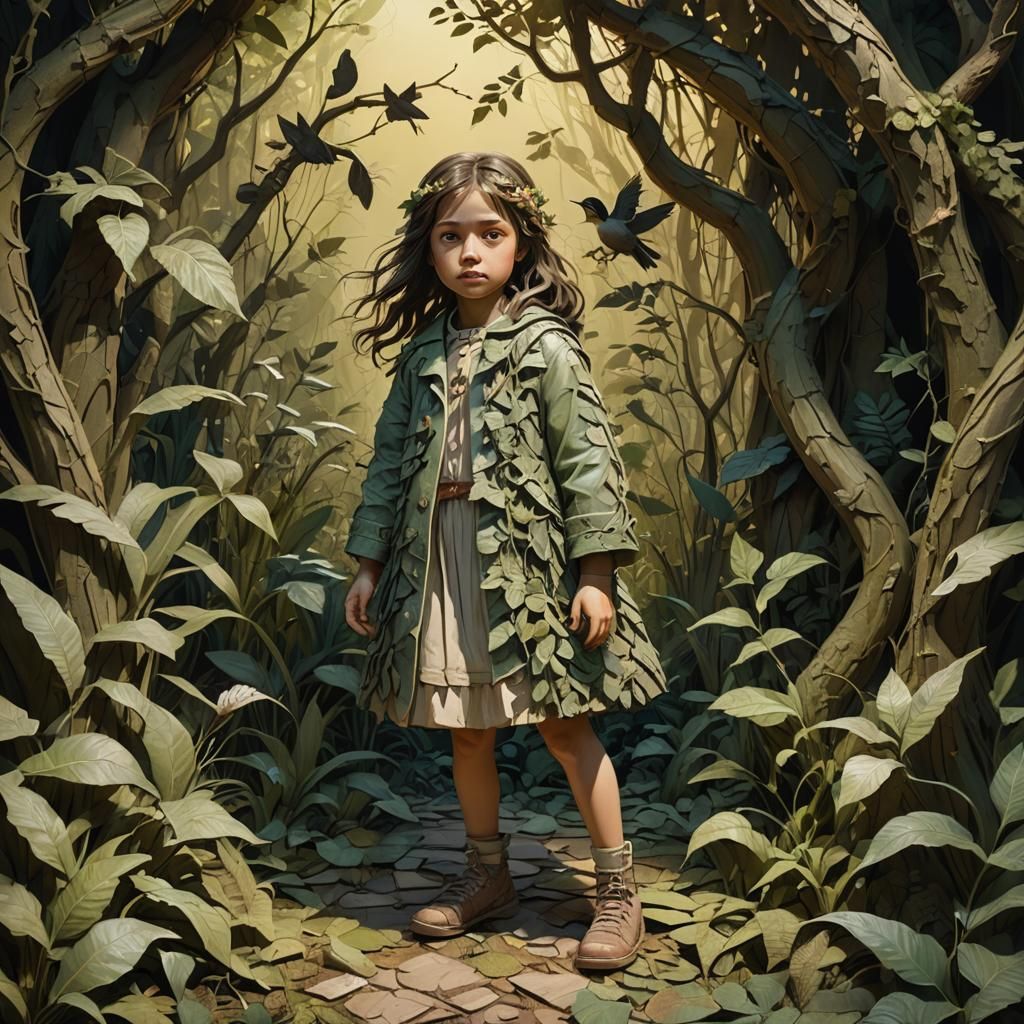 Girl in Forest Bas-Relief: Fantasy Splash Art