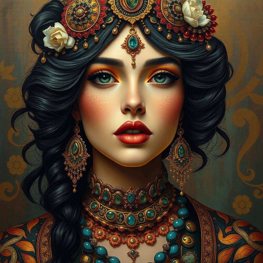 Ornate Portrait of Woman in Baroque, Art Nouveau Styles
