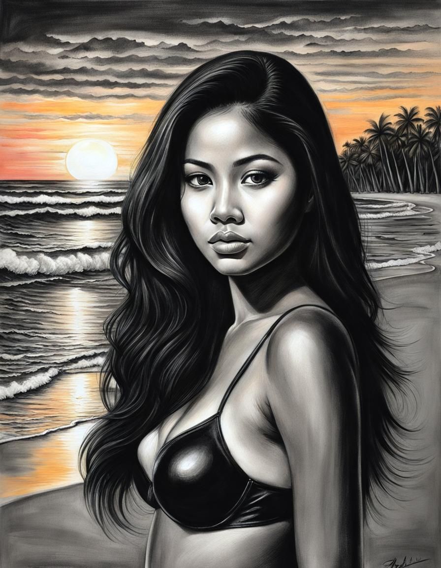 Indonesian Woman on Beach: Hyperdetailed Charcoal Drawing