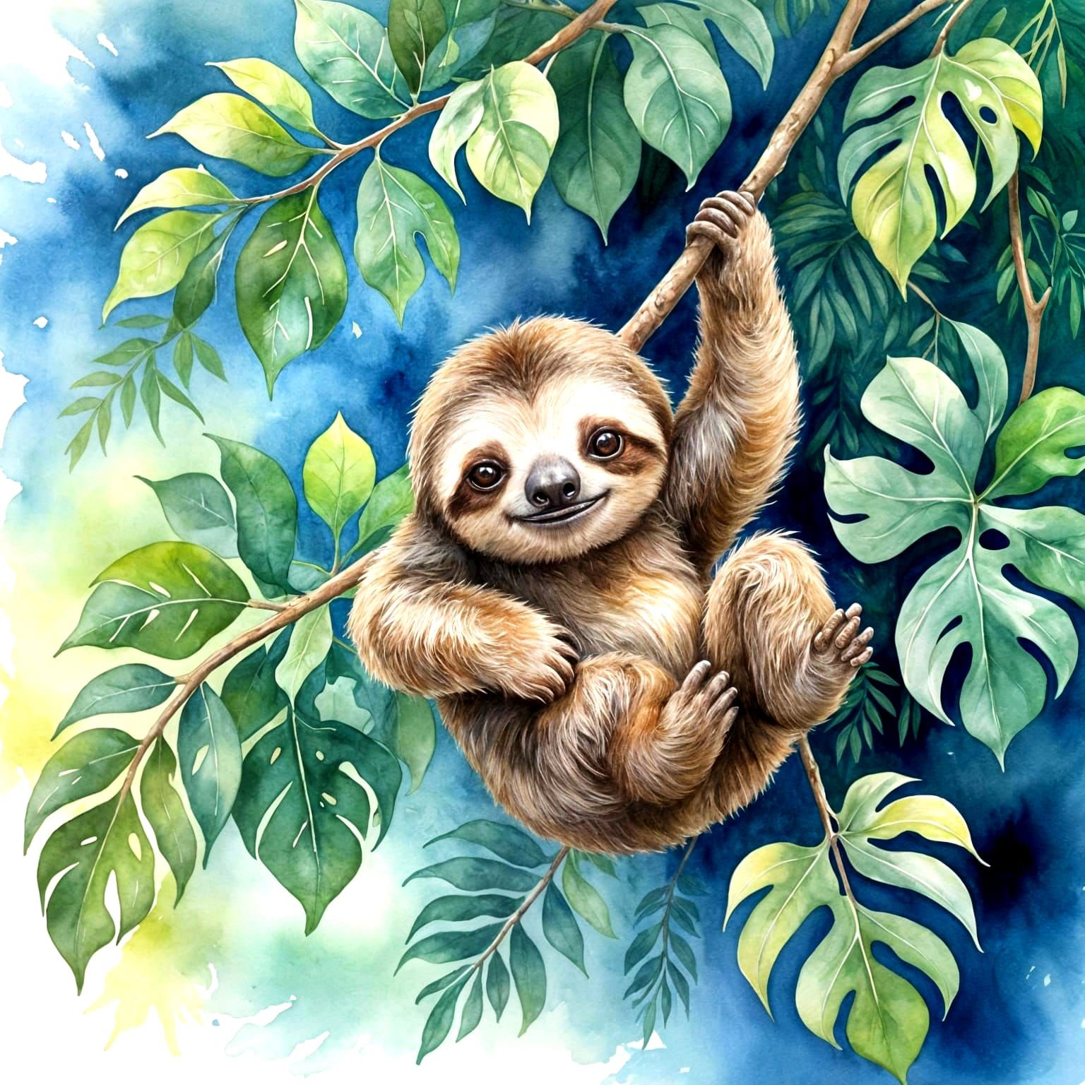 Baby Sloth Napping in Watercolor Tropical Scene