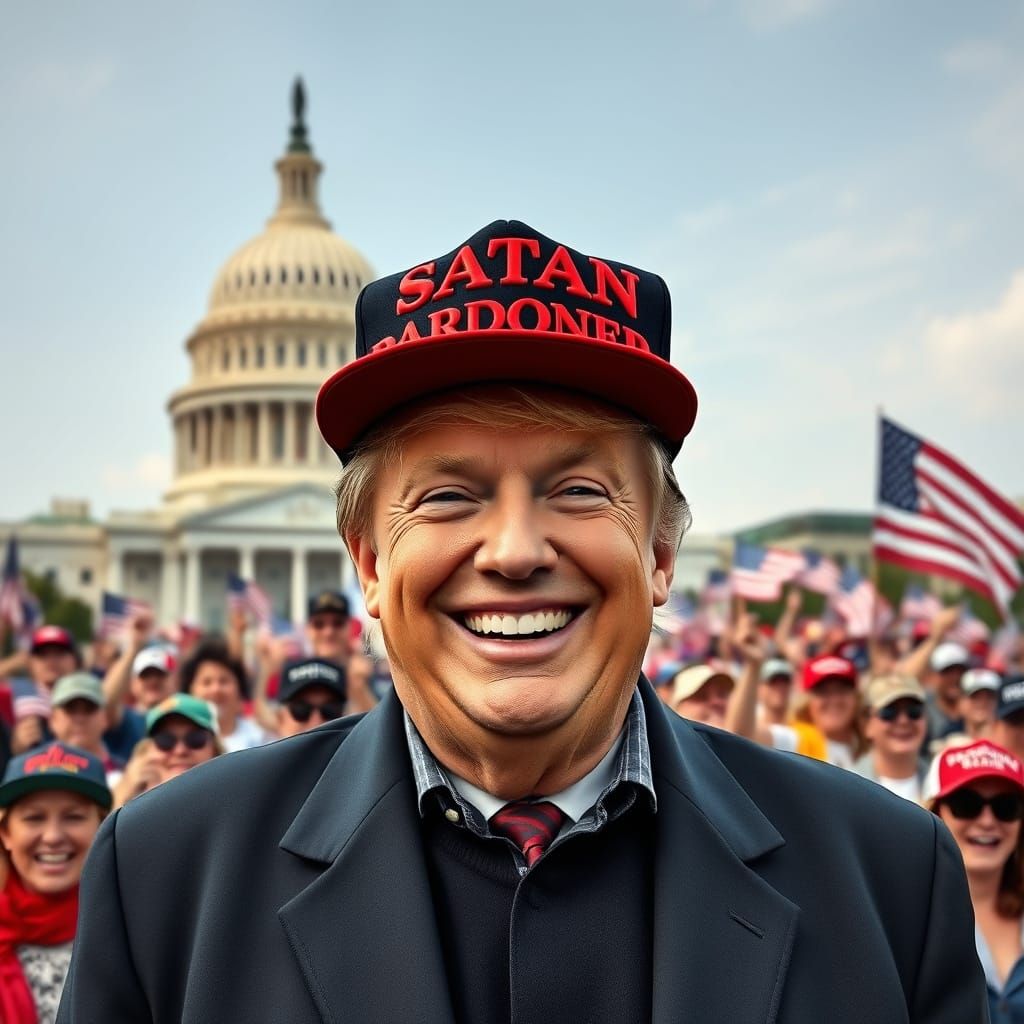 President Donald Trump unveils his brand new cap to an enorm...