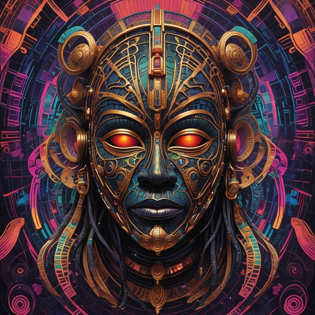 Psychedelic Art Nouveau African Mask in Synthwave Style
