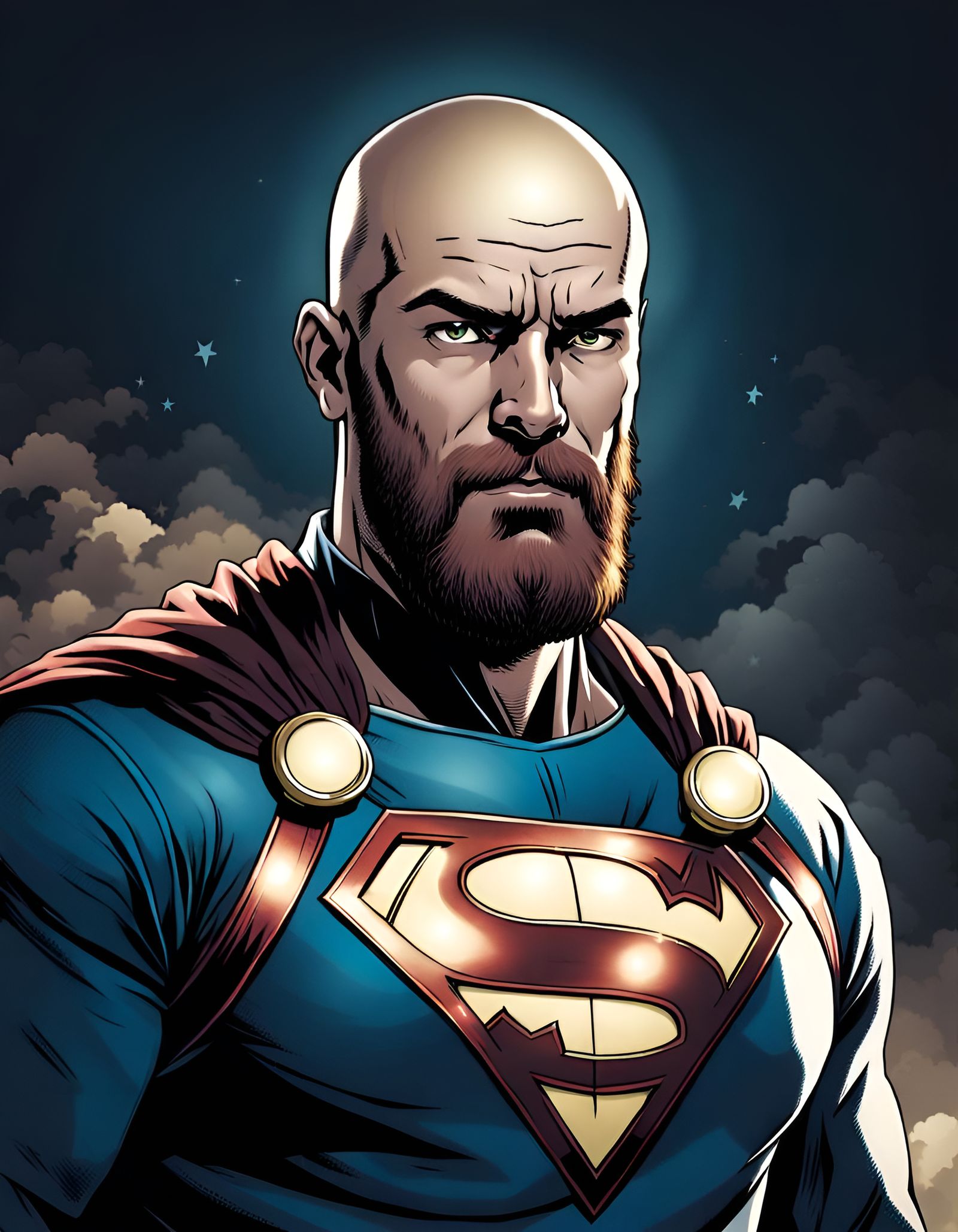 Bald Hero in Comic Book Style Half-Portrait