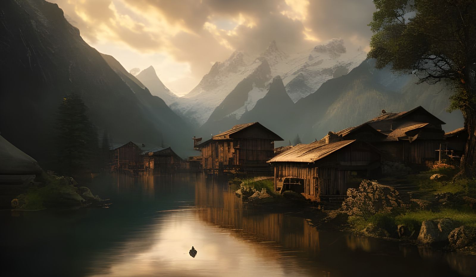 Mountain Village Scene with Stream in Digital Illustration