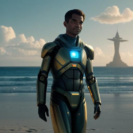 Boy and Robot on Sunny Beach in Cinematic Style