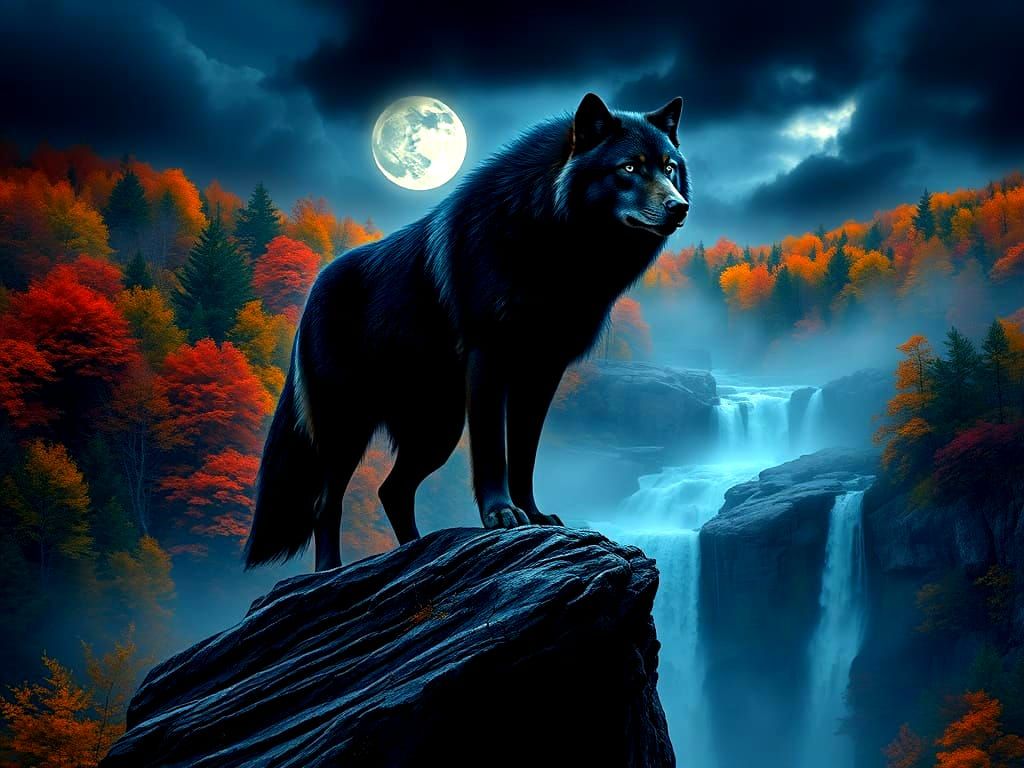 Majestic Black Wolf Overlooking Autumnal Waterfall