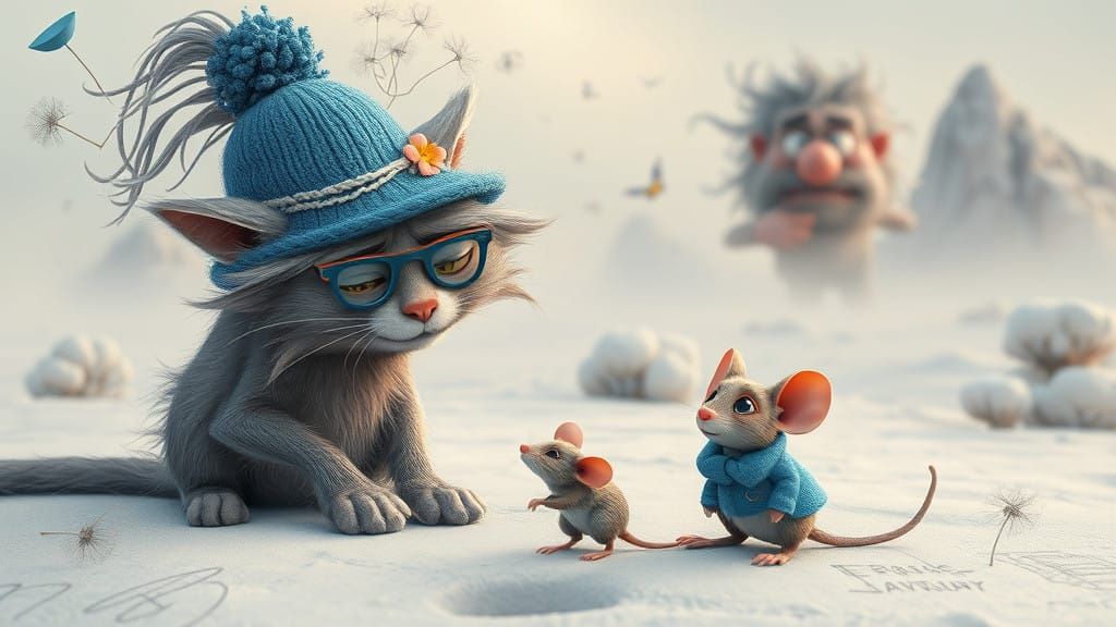 Vibrant Cartoon Cat Plays with Mouse Amidst Whimsical Desert...