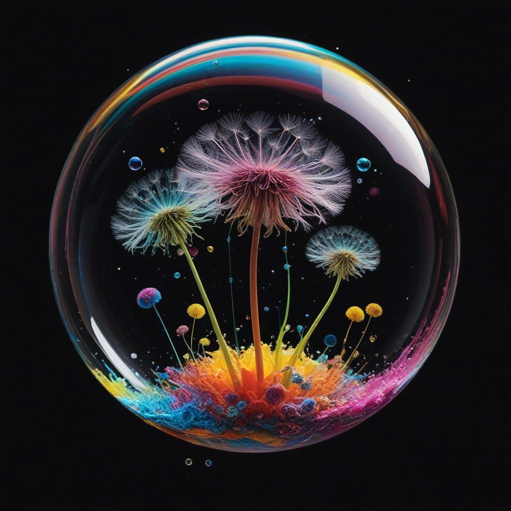 Dreamy Iridescent Dandelion in Cosmic Soap Bubble