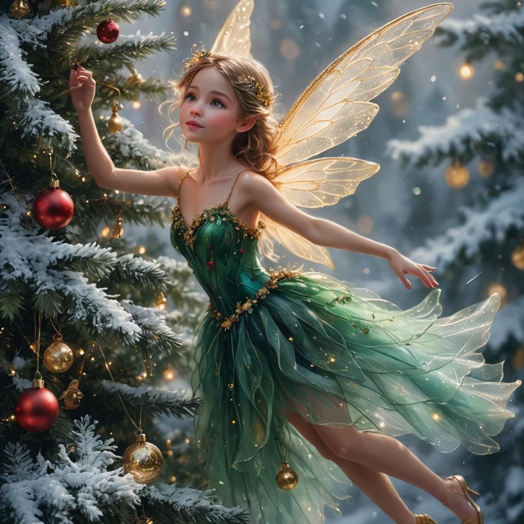 Whimsical Christmas Fairy in Red Dress Brims with Magic