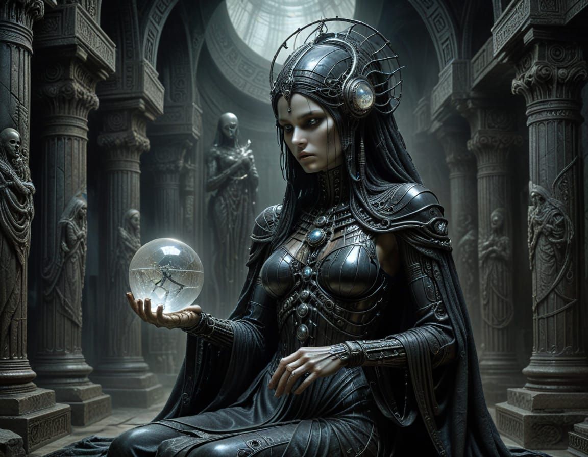 Mystical Oracle in a Dark, Haze-Filled Chamber