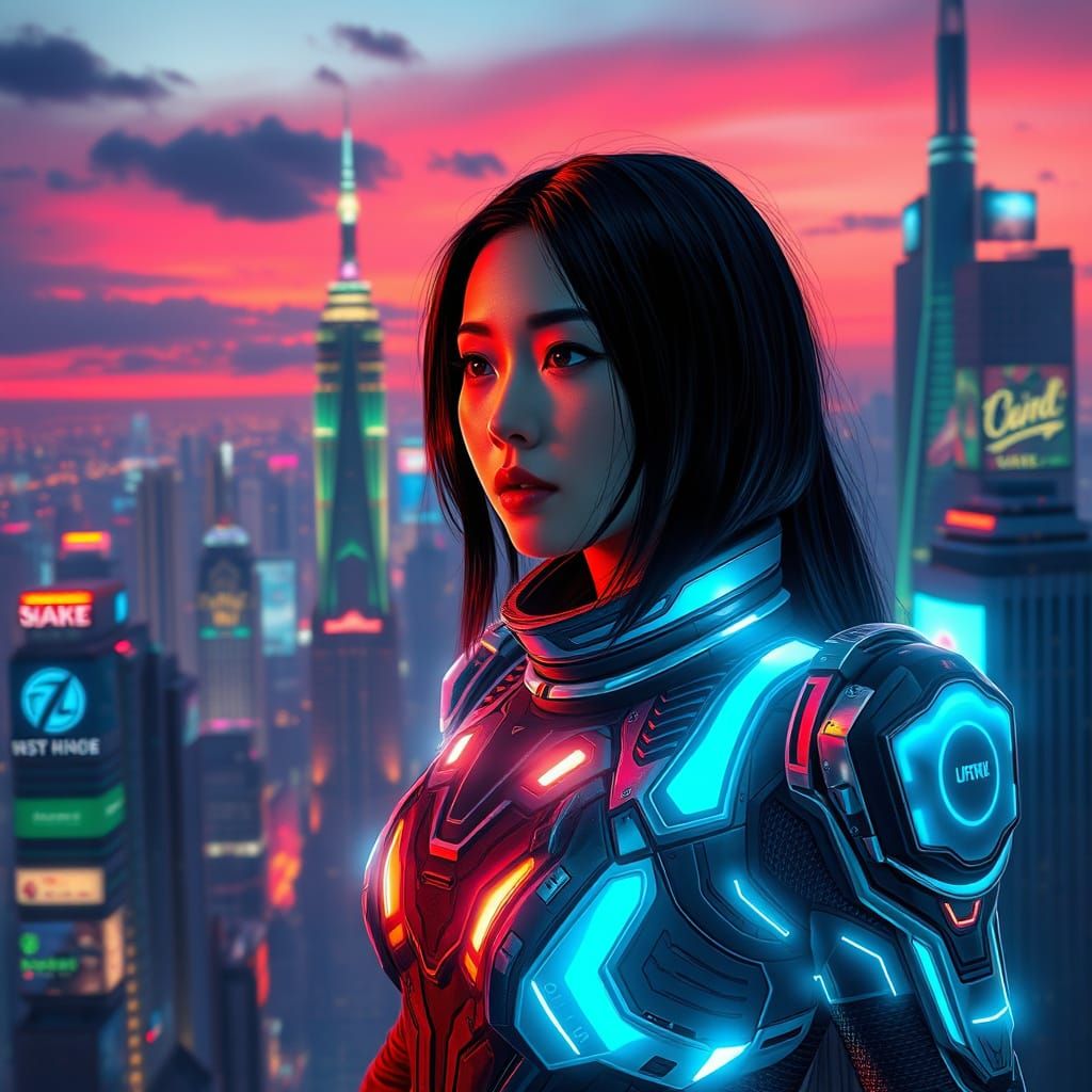 Surreal Asian Futurist Goddess in Neon-Lit Exosuit