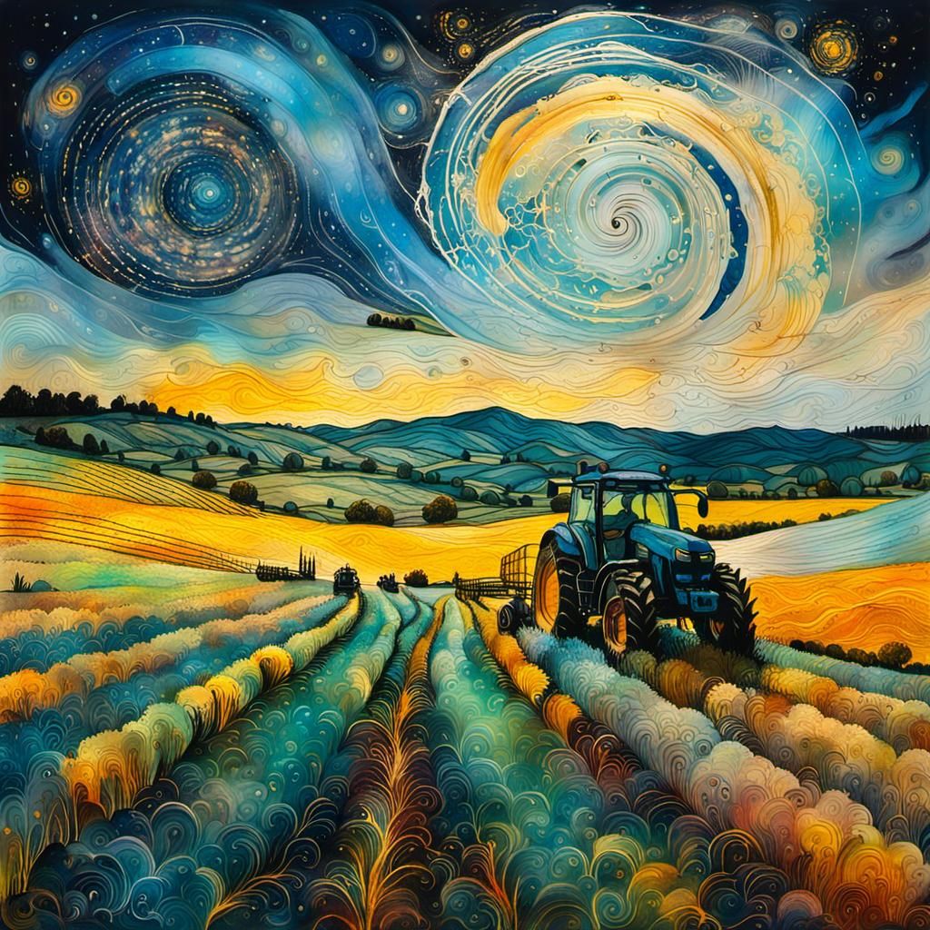 Cosmic Farmland at Dusk with Tractor