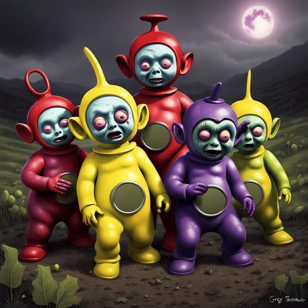 Sinister Zombie Teletubbies in Dark Fantasy Style